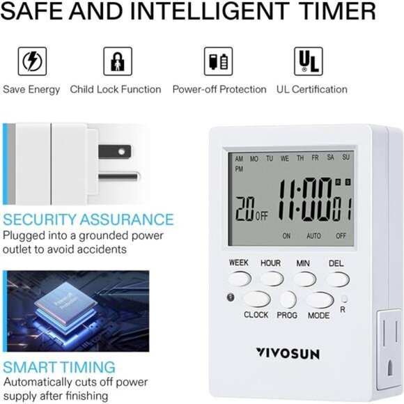 7 Day Programmable Digital Timer with Dual Outlet,20 On/Off UL Listed Heavy Duty - Picture 5 of 7